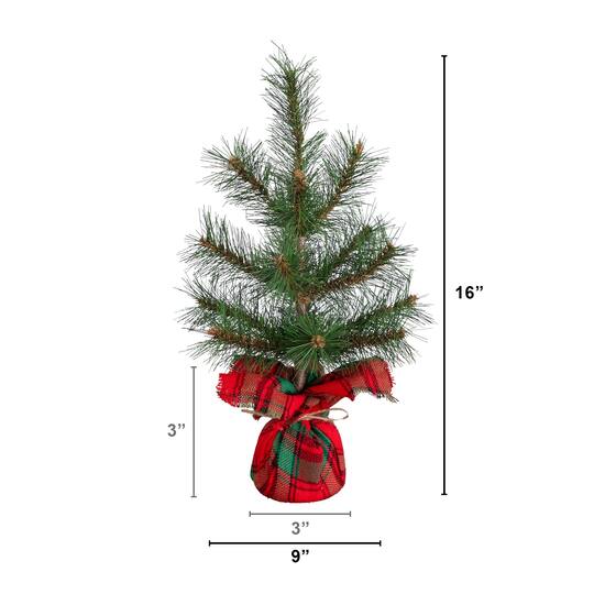 Nearly Natural 16" Unlit Artificial Christmas Tree with Tartan Plaid Flannel Wrapped Base